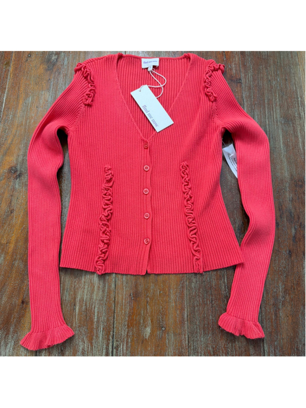 Find Me Now NWT Connie Ribbed Ruffle Cardigan Sweater Poppy Red Small